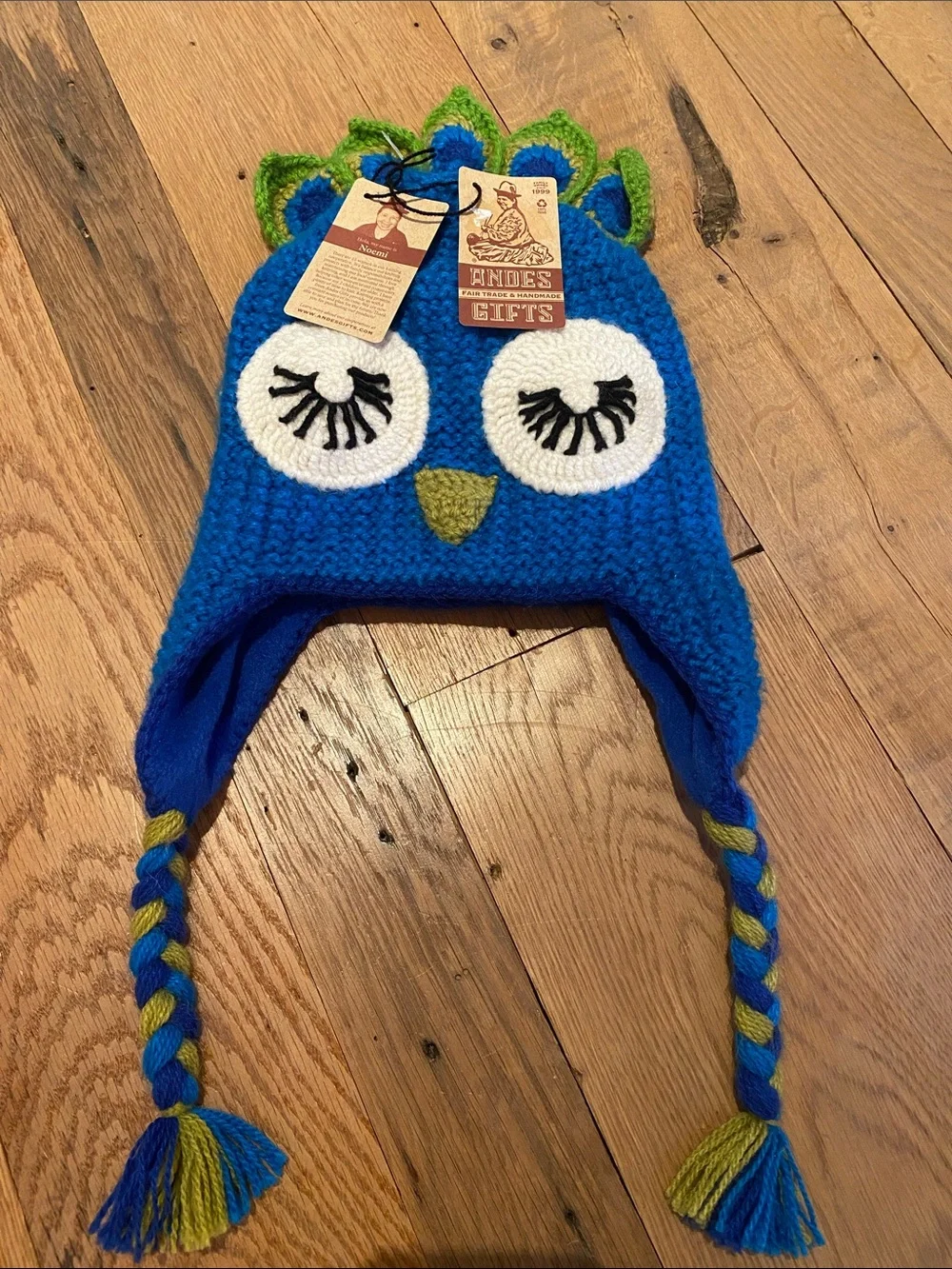 Peacock Alpaca Blend Knit Crochet Hat Made in Peru Blue Green